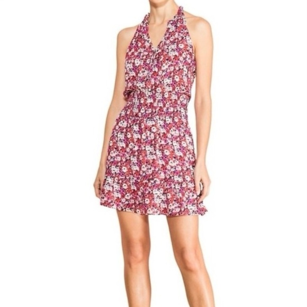 Parker Silk Blend Floral Halter Mini Dress‎ Smocked Waist Red Pink